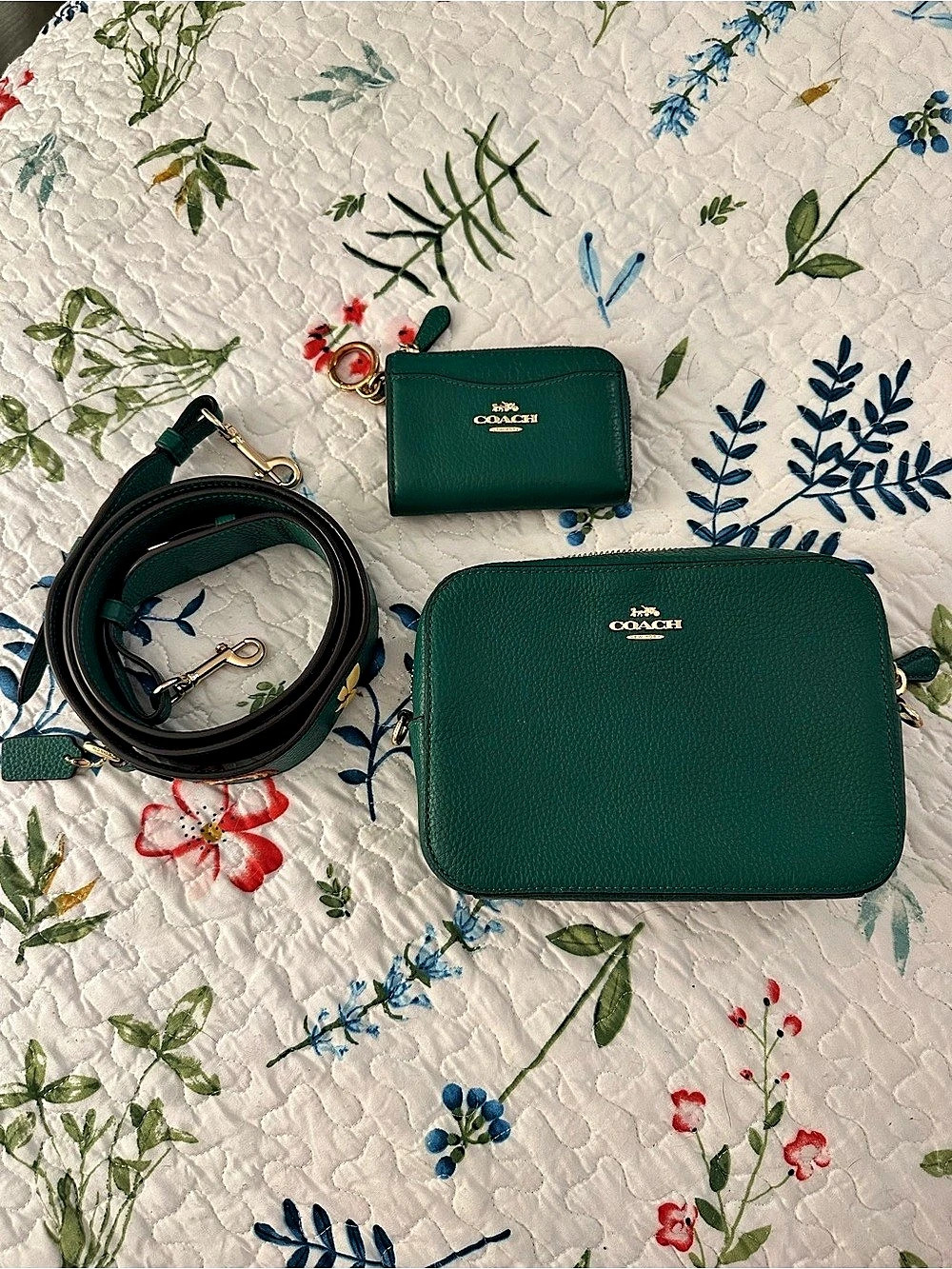 Rare Embroidered Coach Mini Jamie Camera Bag Green Crossbody Bag Set